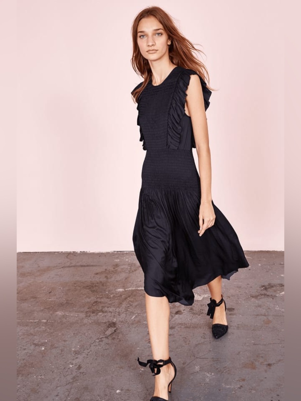 Ulla Johnson Coco Midi Dress Noir Black Size 0 XS Smocked Top Ruffle Sleeve Midi
